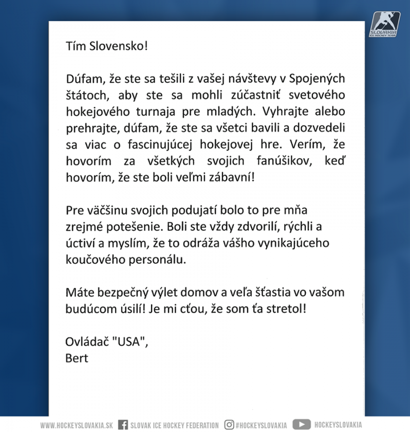 Slovenská „dvadsiatka“ dostala list od amerického vodiča autobusu. Pozrite sa, čo v ňom hokejistom odkázal